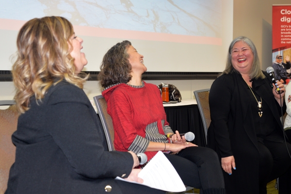 Heather Handyside, Ana Hoffman, and The Honorable Tara Sweeney share a laugh at the Arctic Encounter Symposium panel discussion